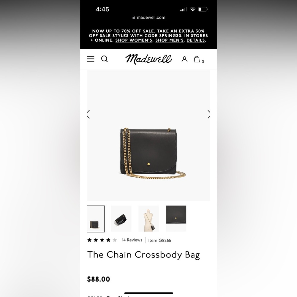 Madewell Crossbody on a Chain. Black soft leather with gold tone chain.